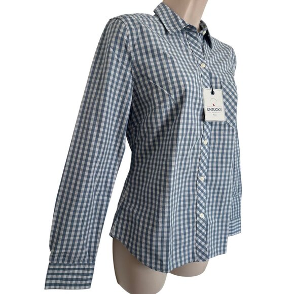 Untuckit Crispo Gingham Size 2 Button Up Cotton Shirt NWT Check Blue White - Picture 5 of 10